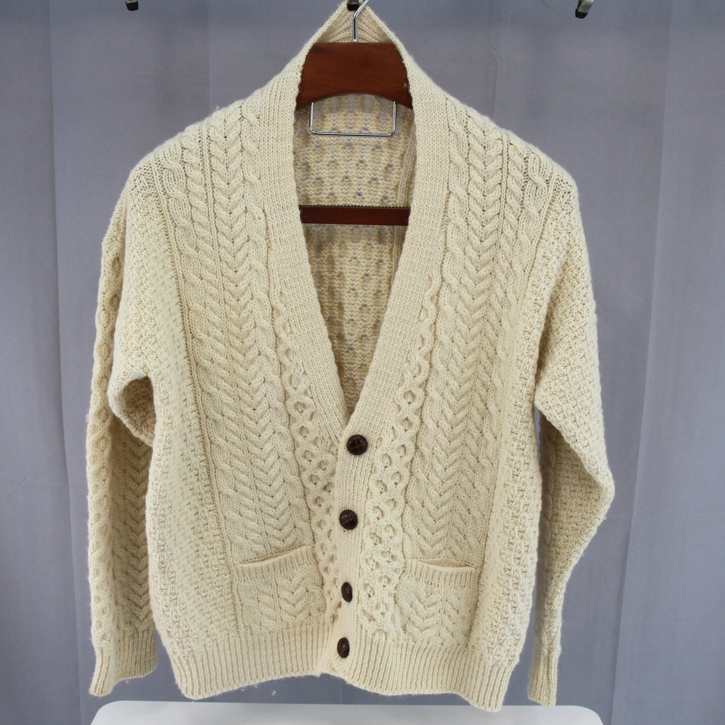Vintage Orvis Mens Fisherman Aran Wool Knit Cadigan Sweater Ireland 4 Button