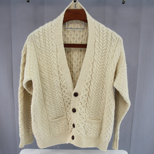 Vintage Orvis Mens Fisherman Aran Wool Knit Cadigan Sweater Ireland 4 Button