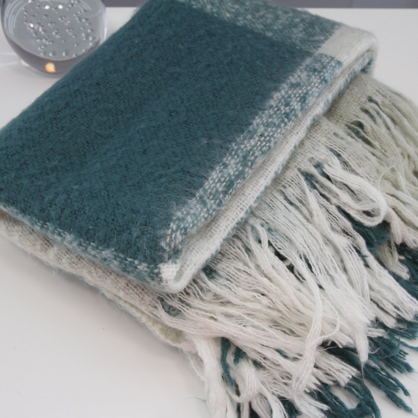 DNKY Fringed Throw Teal White Gray Checked Acrylic 52W X 60L