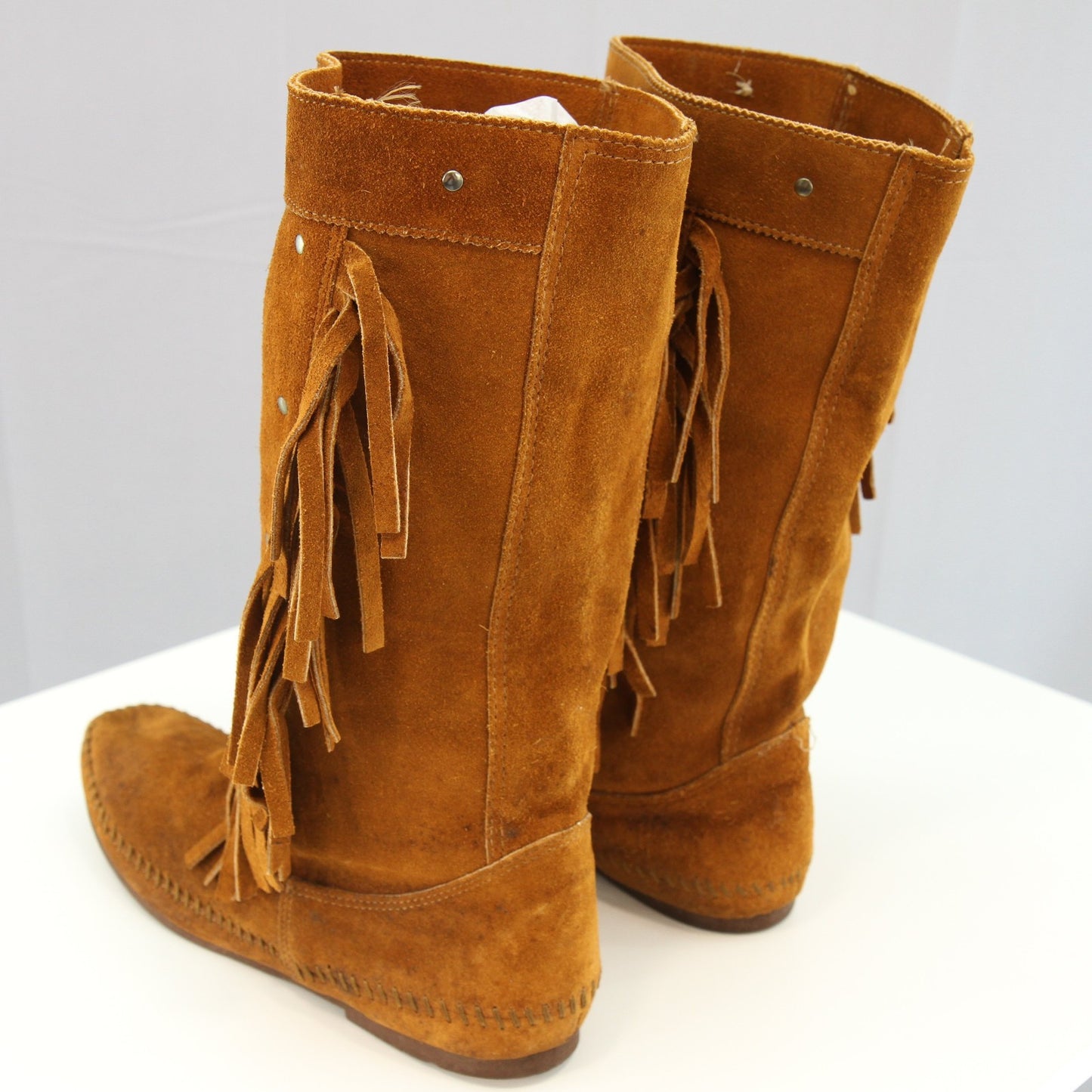 Vintage Minnetonka Womens Fringed Leather Mid Calf Moccasin  Boots Size 9
