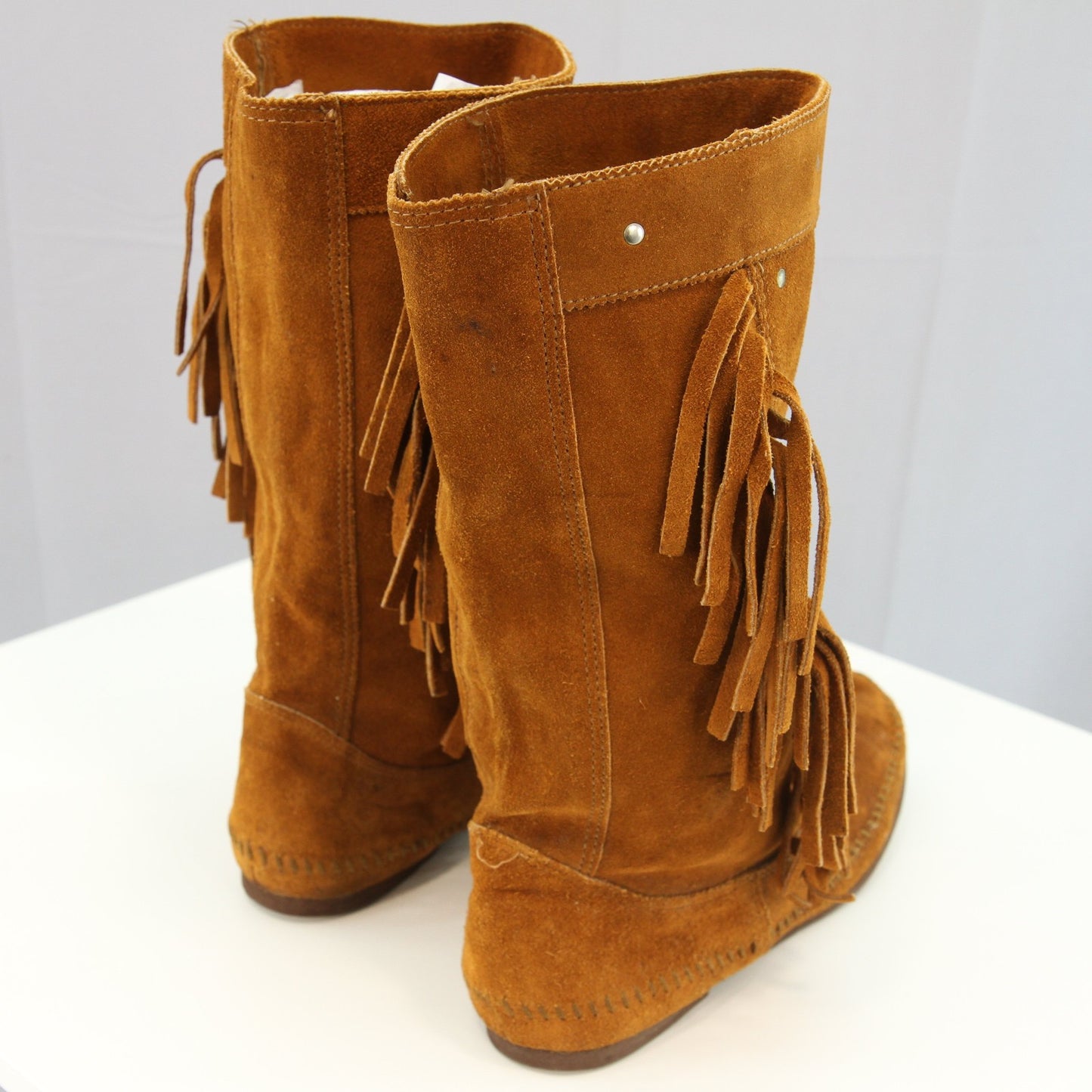 Vintage Minnetonka Womens Fringed Leather Mid Calf Moccasin  Boots Size 9