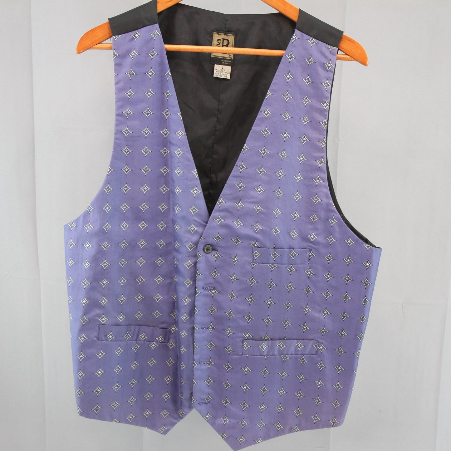 Vintage Bruno Silk Mens Vest Lavender Print 3 Pockets