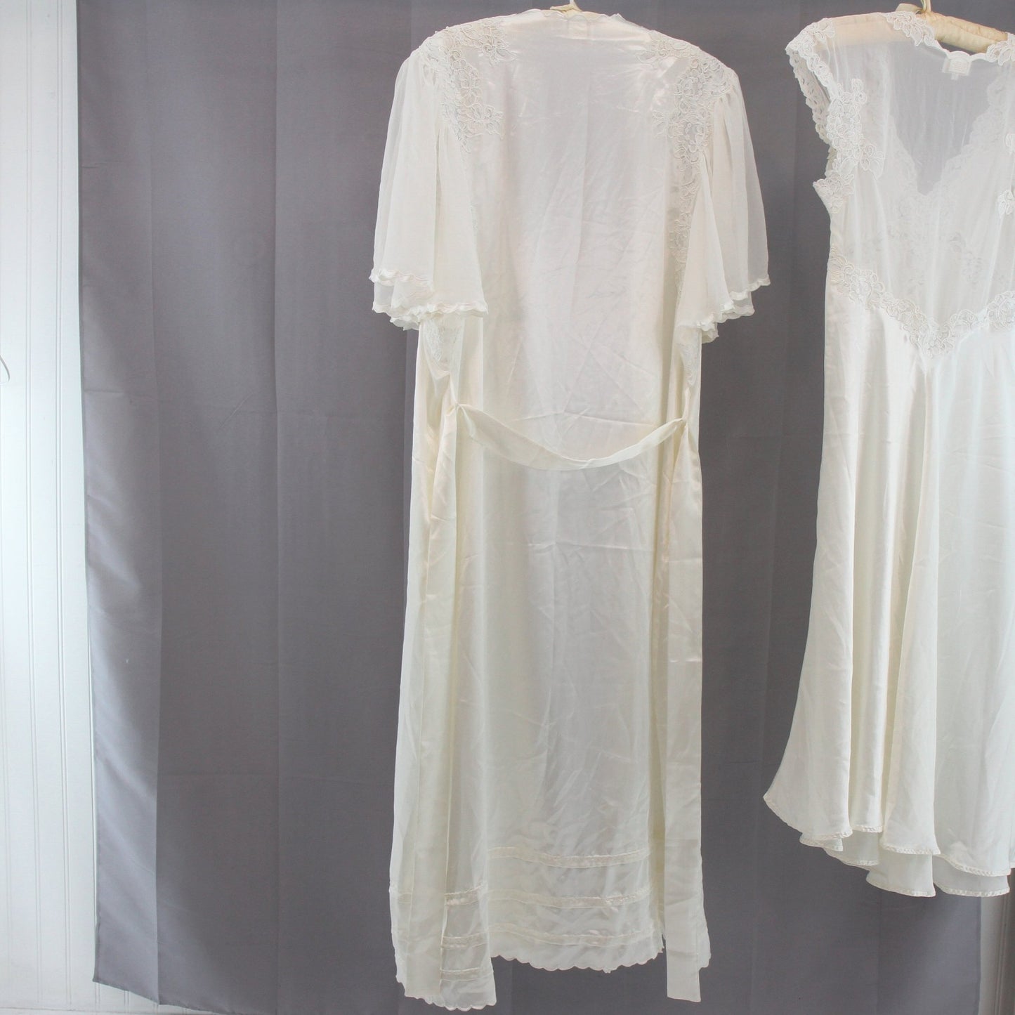 Vintage Bill Tice 1980s Gown & Negligee Peignoir White Ivory Lace Pearls S M