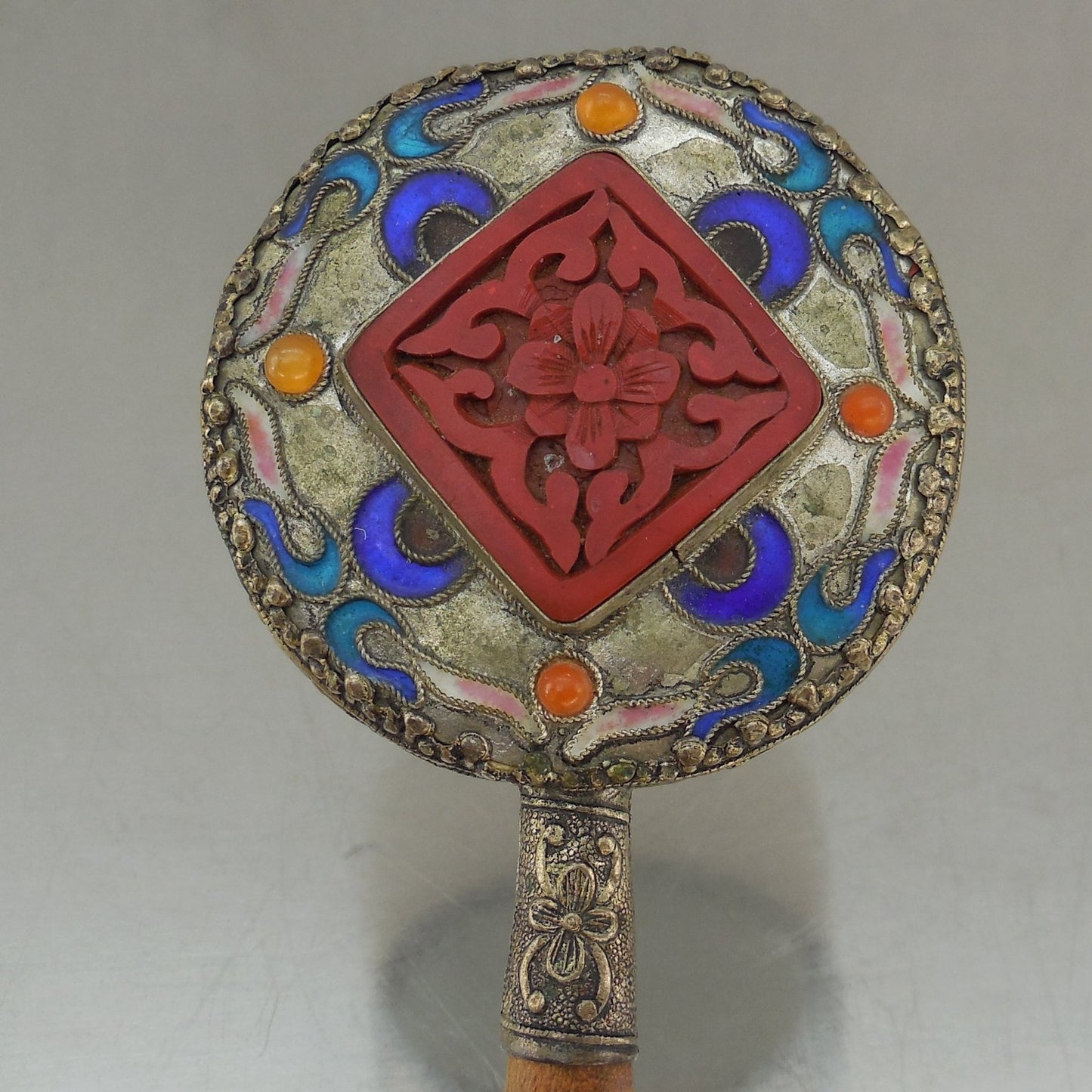 Vintage Chinese Cloisonne Hand Vanity Mirror Carnelian Cinnabar Silver Metal 6"