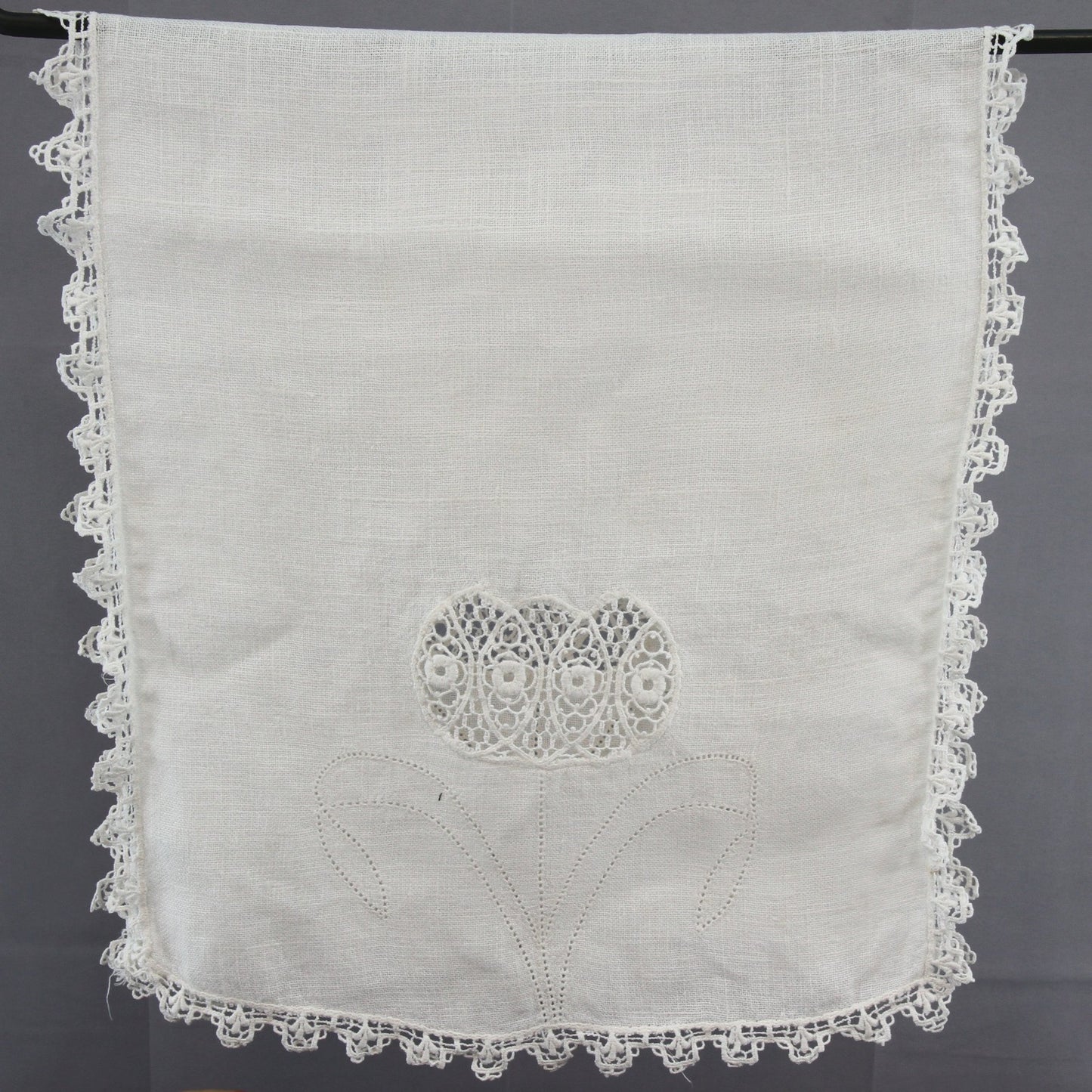 Vintage Fine Linen Table Runner Lace Inserts Drawn Work Design 30 1/2 x 14