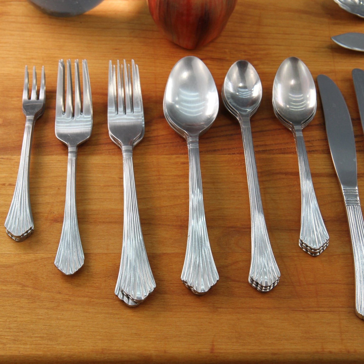 Four Place Setting Farberware Heron SS  Glossy w/Shrimp Butter Sugar Serving Set