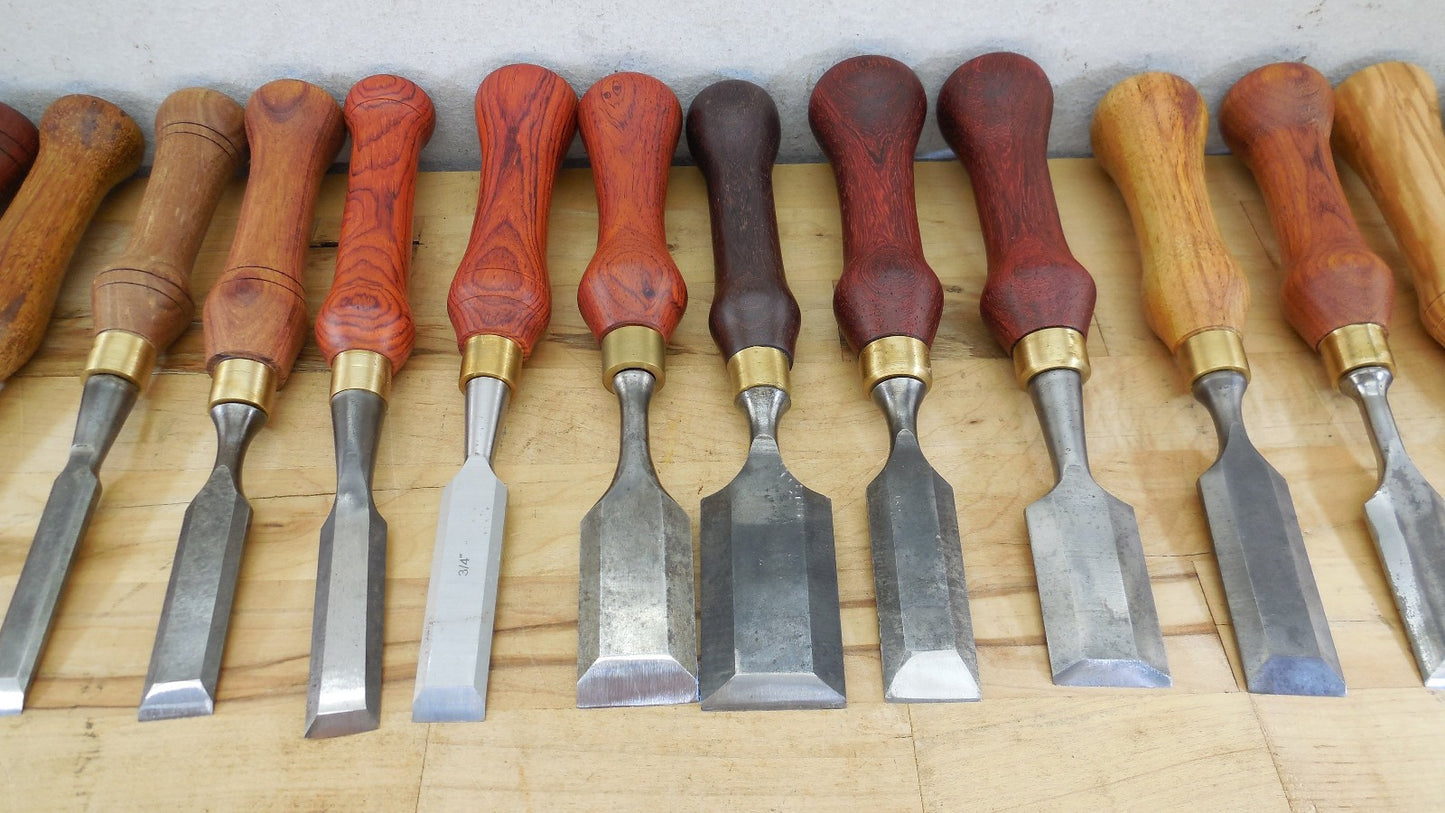 Estate 30 Vtg. Lot Tang Wood Chisels Bench With Custom Steve Wus Wood Handles