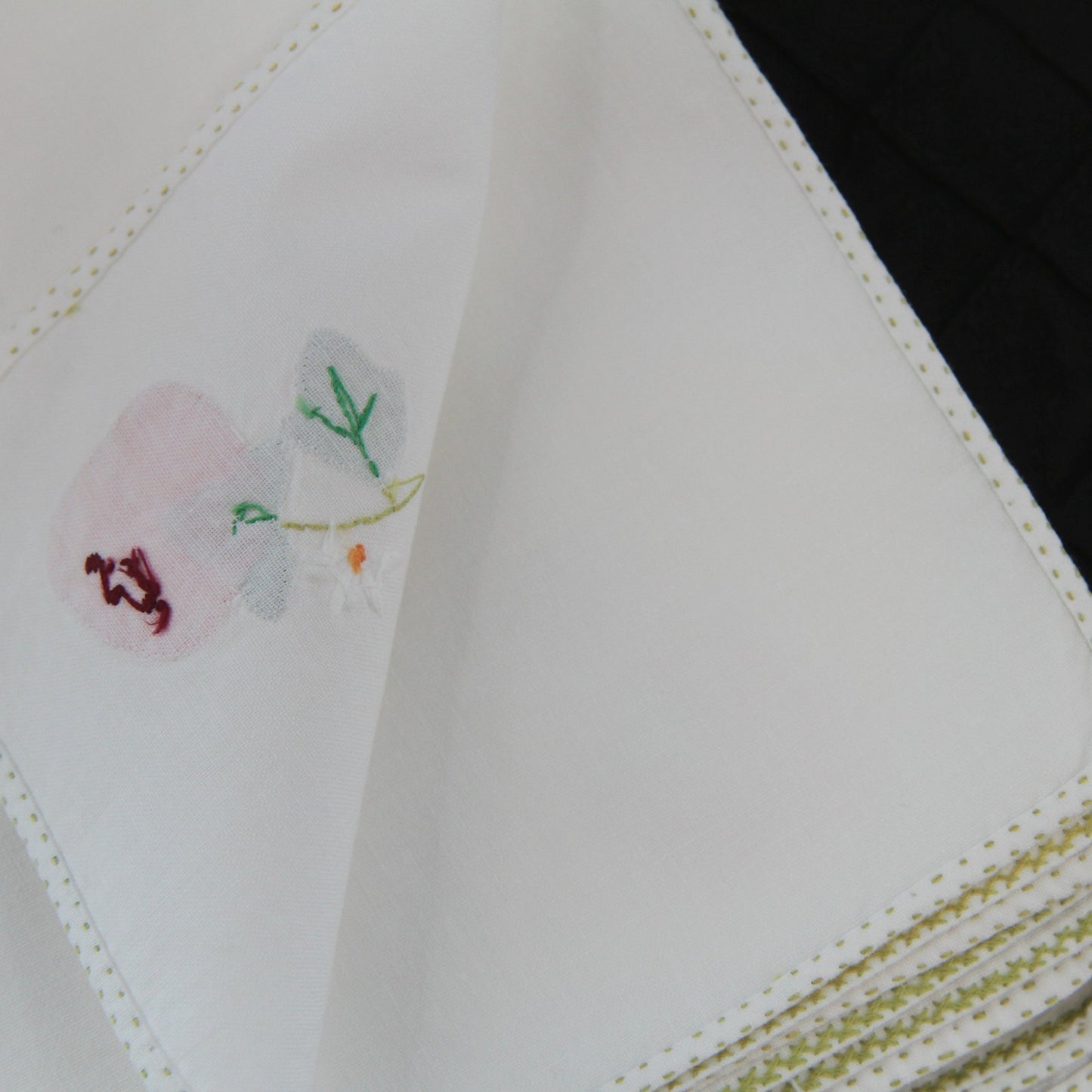 Set 6 Vintage Strawberry Applique Linen Napkins Green Hemmed Edge 15" Square