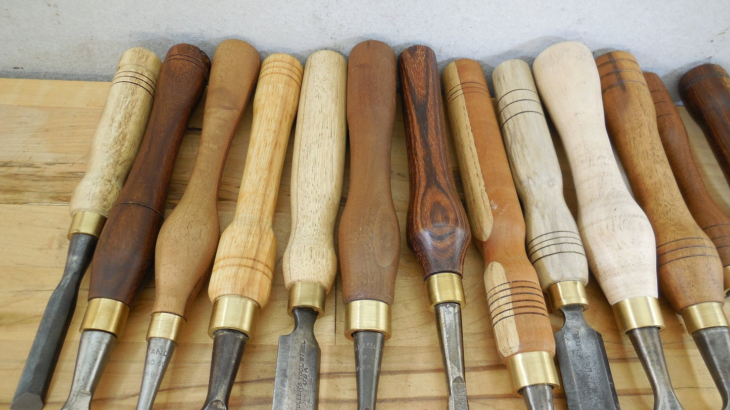 Estate 15 Vtg. Lot Tang Wood Chisels Bench With Custom Steve Wus Wood Handles
