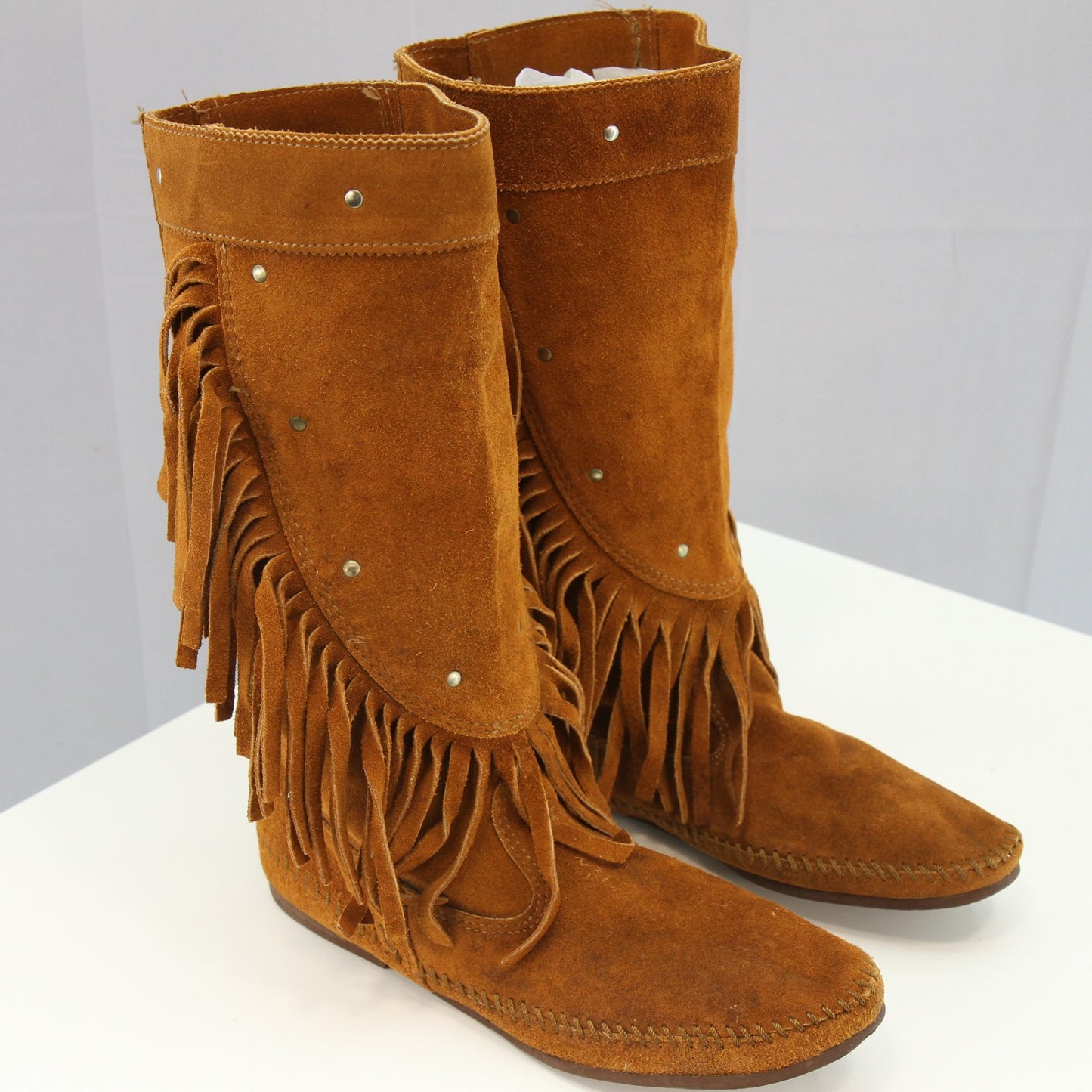 Vintage Minnetonka Womens Fringed Leather Mid Calf Moccasin  Boots Size 9