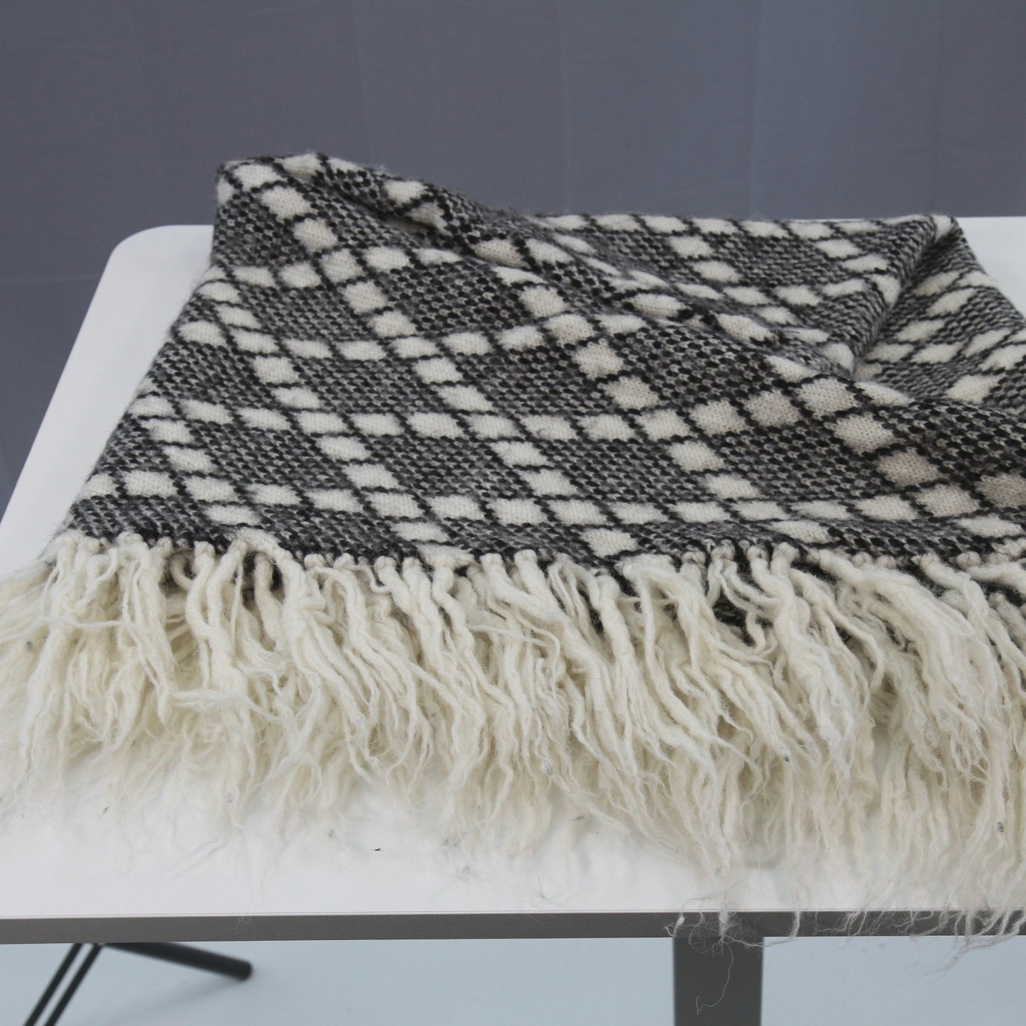 Herrgard-Stick Wool Cape Wrap Hand Knit Fringed Black White Sweden 76"