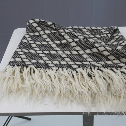 Herrgard-Stick Wool Cape Wrap Hand Knit Fringed Black White Sweden 76"