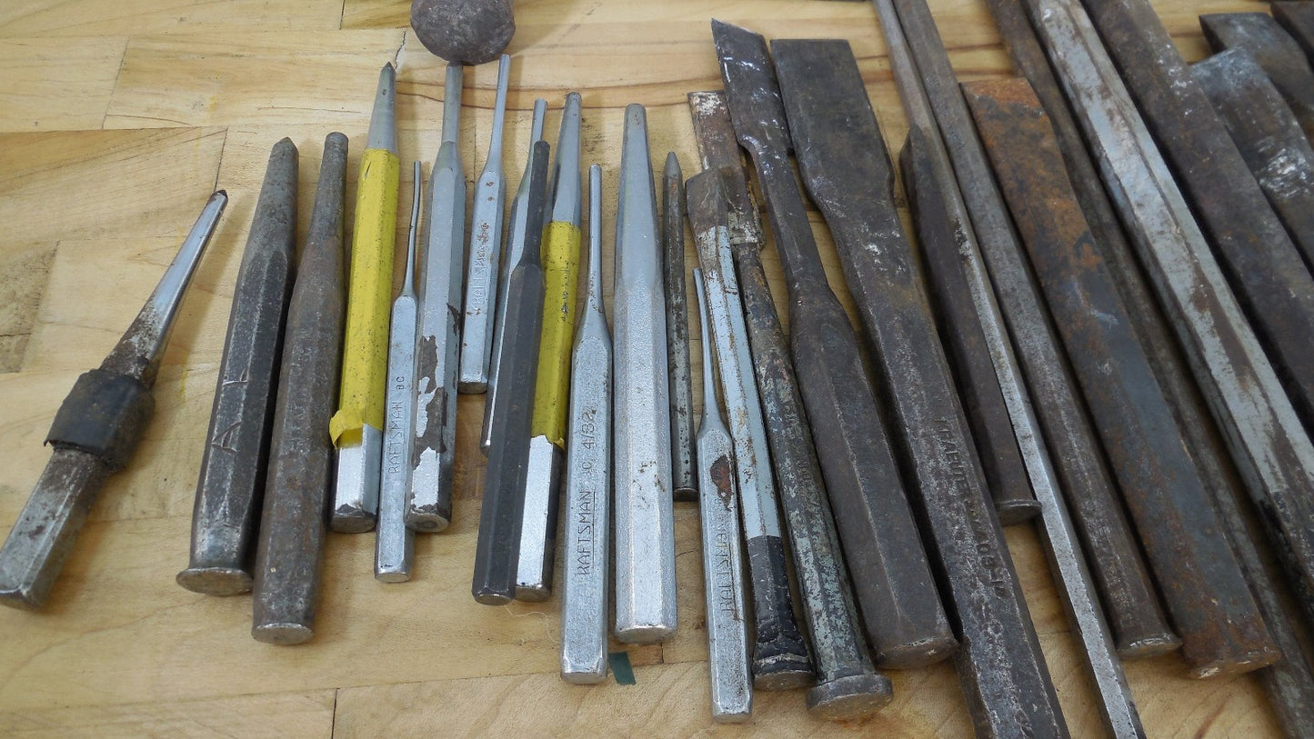 Estate 55 Lot Metal Cold Chisels Punch Nail Set Drifts Stanley Craftsman Etc.