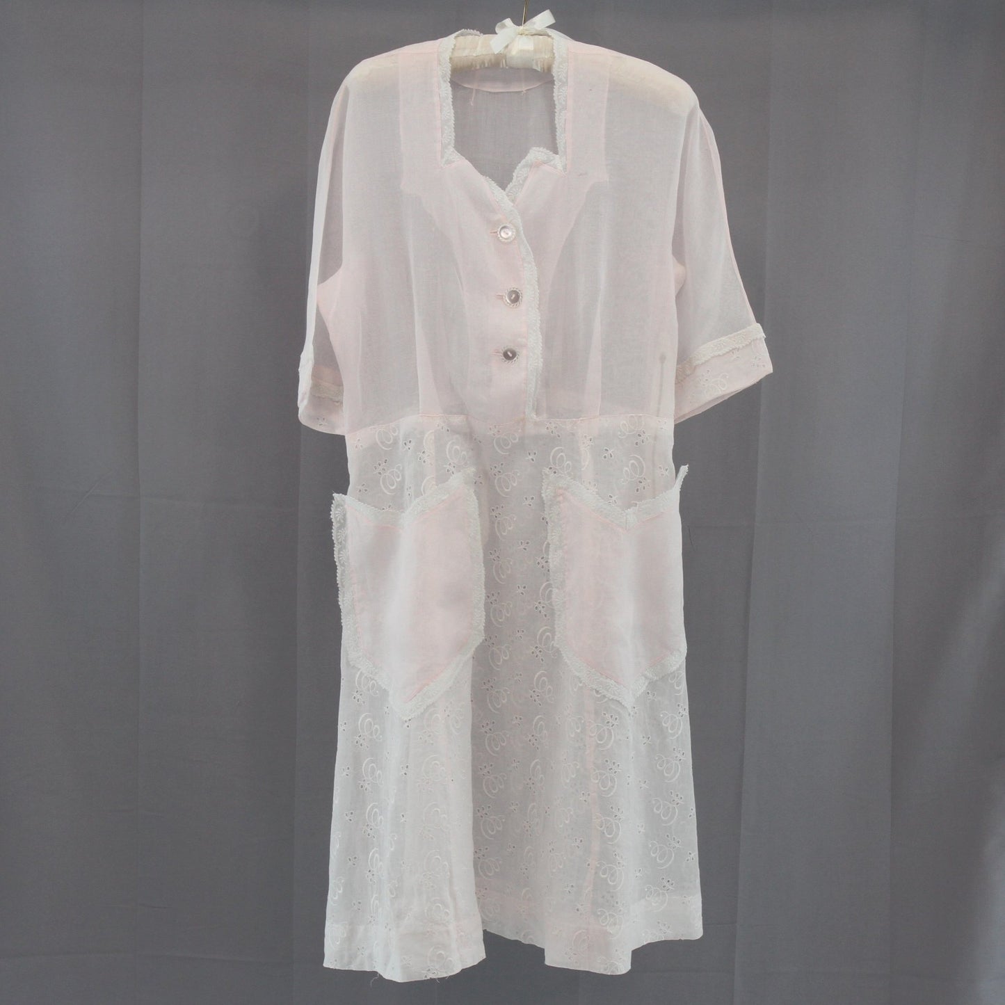 Vintage 1940s-50s Pink Organdy Embroidered Dress Lace Trim Hand Sewn Hem