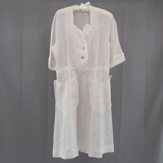 Vintage 1940s-50s Pink Organdy Embroidered Dress Lace Trim Hand Sewn Hem