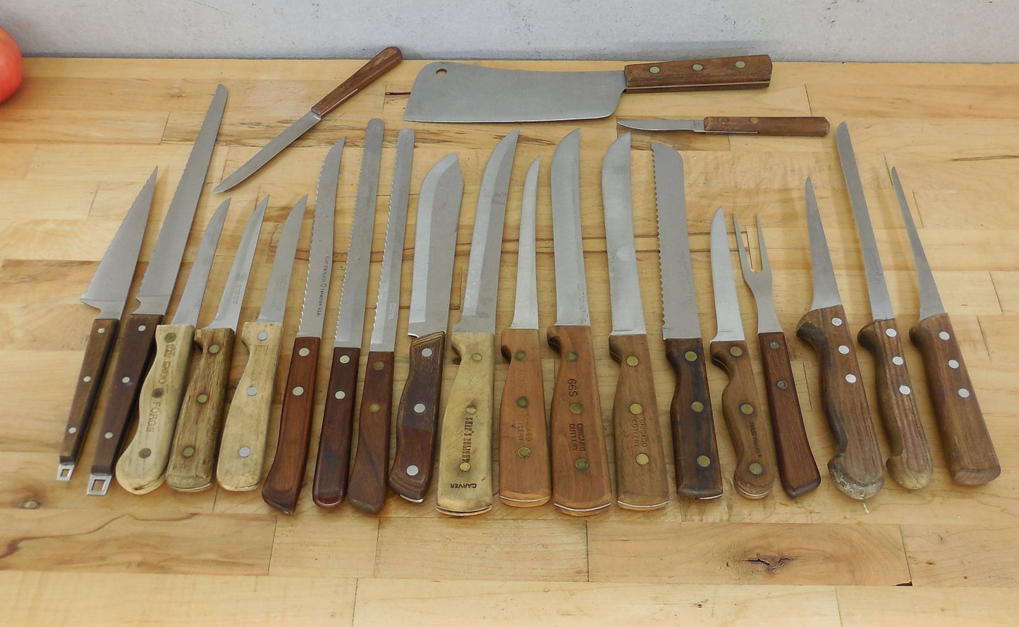 22 Lot Vtg. Wood Handle Kitchen Chef Knives Ekco Hanford Robeson Chicago Giesser
