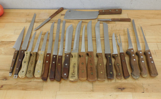 22 Lot Vtg. Wood Handle Kitchen Chef Knives Ekco Hanford Robeson Chicago Giesser