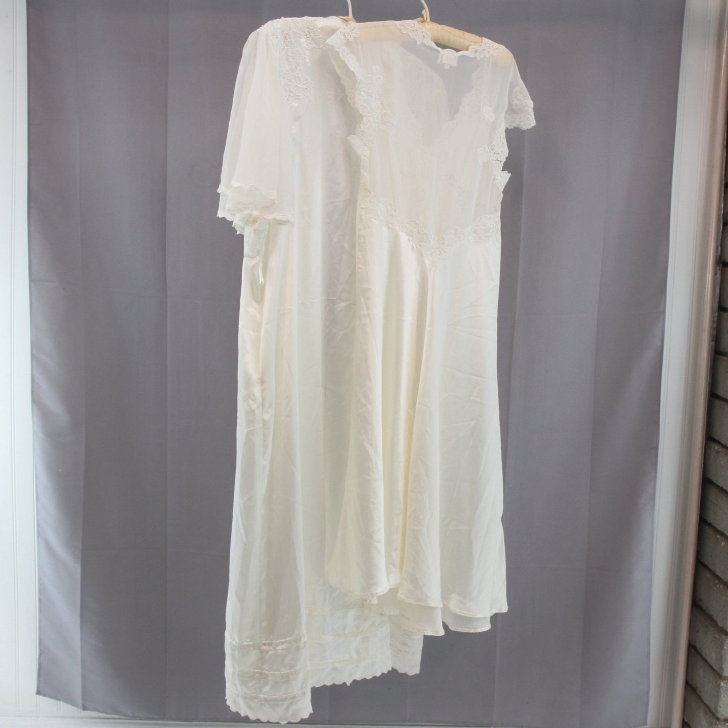Vintage Bill Tice 1980s Gown & Negligee Peignoir White Ivory Lace Pearls S M