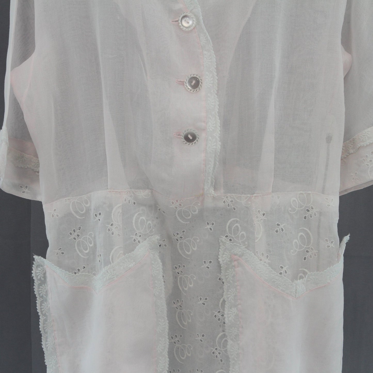 Vintage 1940s-50s Pink Organdy Embroidered Dress Lace Trim Hand Sewn Hem