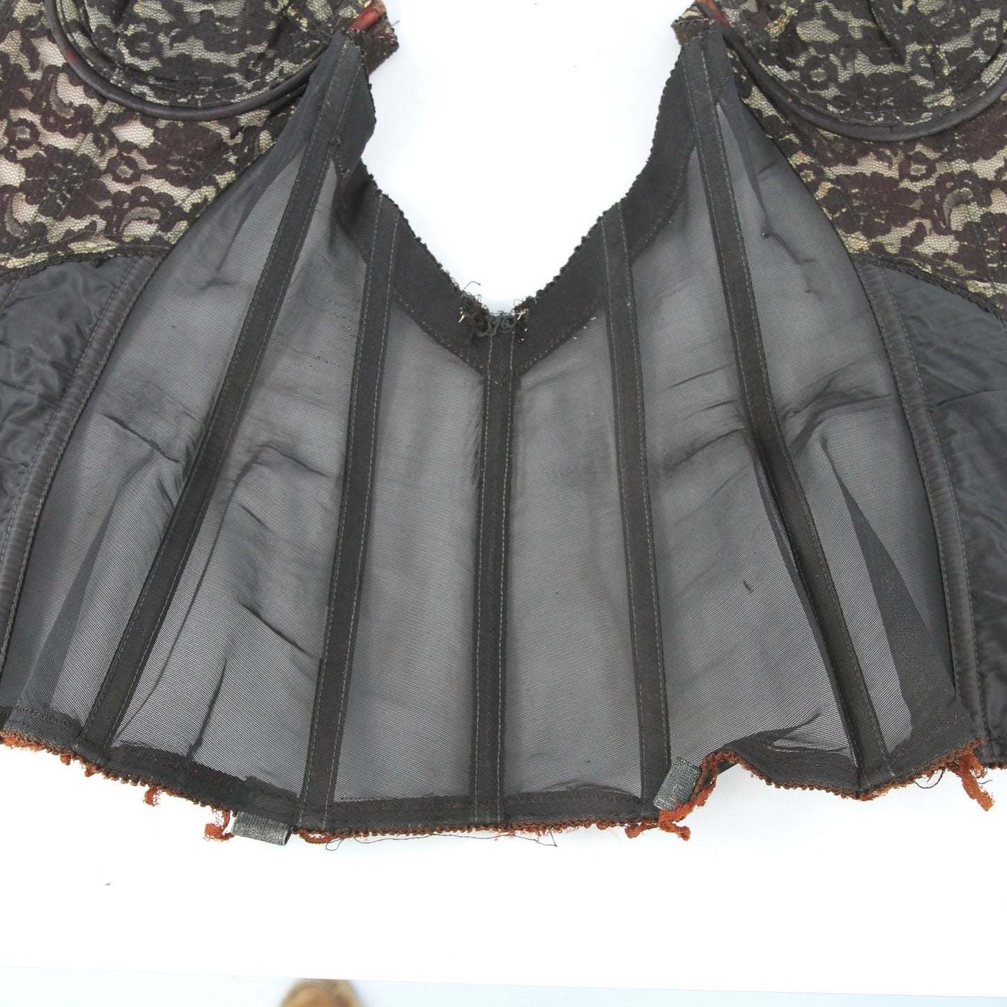 Vintage Circus Dancer Black Lace Bustier 32C Dee Zipper Hooks Metal Stays