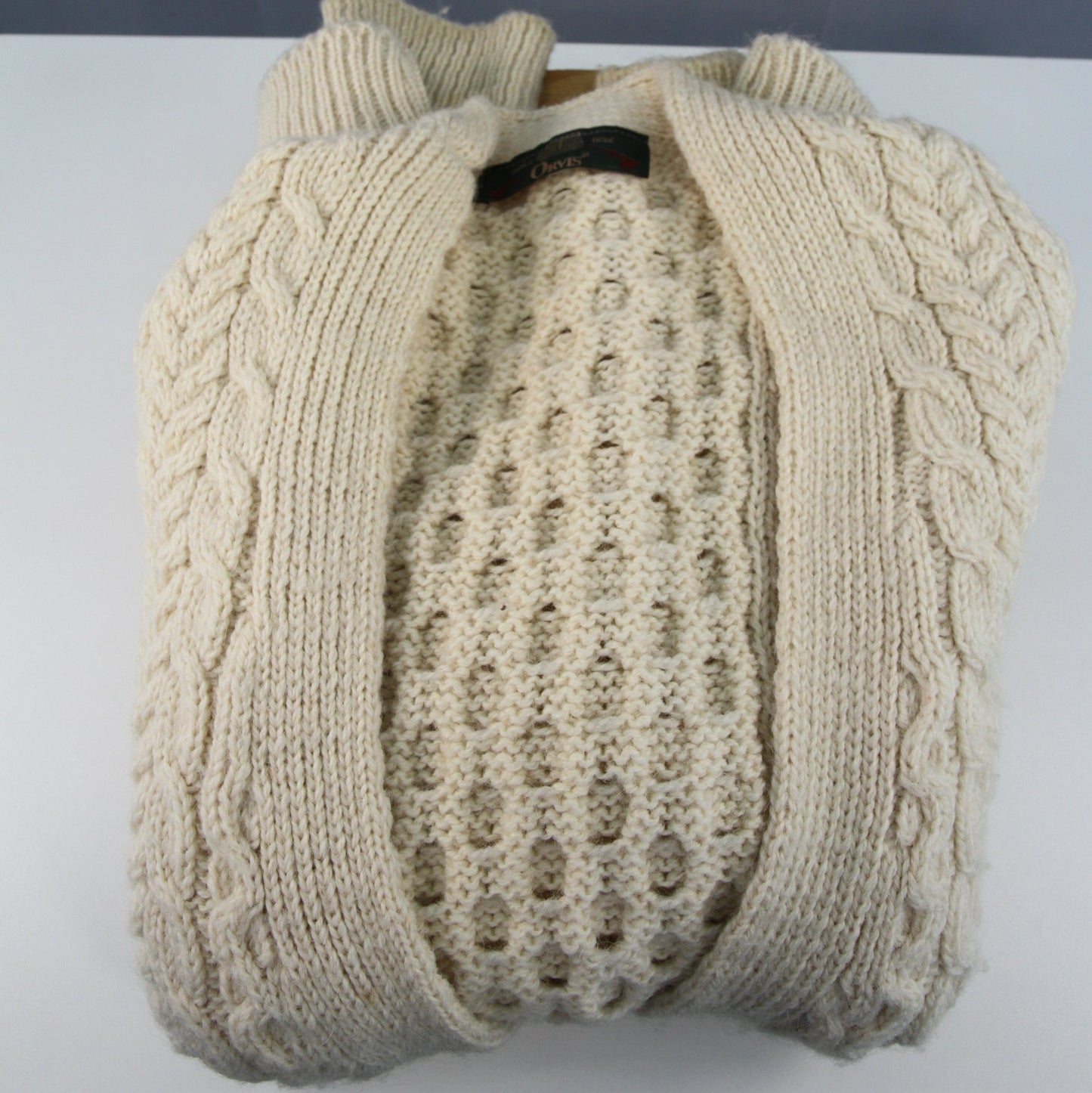 Vintage Orvis Mens Fisherman Aran Wool Knit Cadigan Sweater Ireland 4 Button
