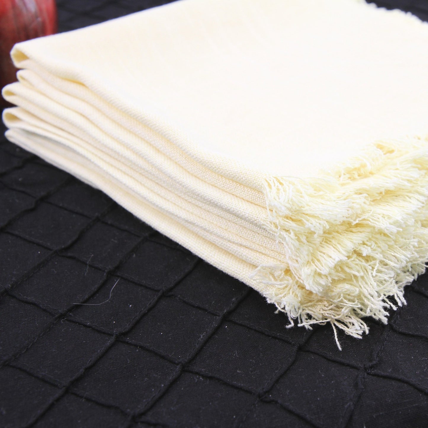 Set 8 Vintage Yellow Linen Napkins Fringe Edge 16" Square