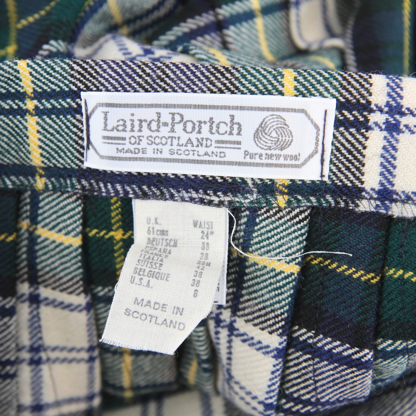 Laird-Portch Gordan Tartan Plaid Skirt Pleated Flat Front Leather Belt Waist 24"