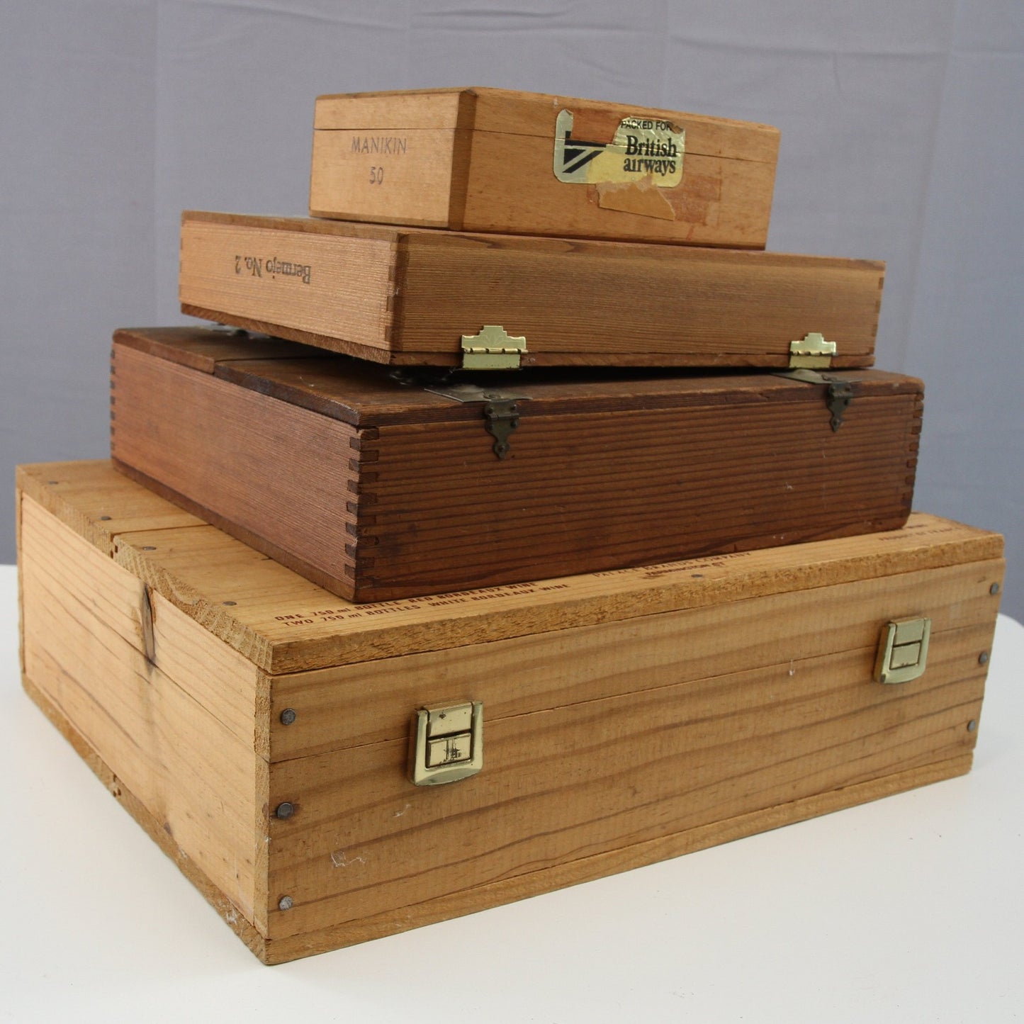 Lot of Four Wood Wine Cigar Boxes for Crafts and Decor