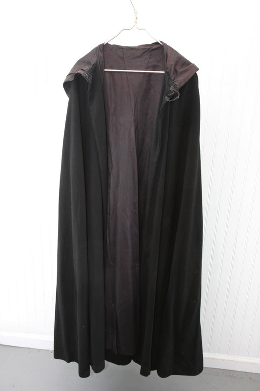 Vintage Hand Sewn Black Wool Cloak Satin Lined Theatre Stage Costume