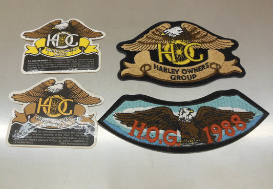 Vtg. 1988 Harley Davidson Owners Group Badges & Stickers 4 Lot Hog