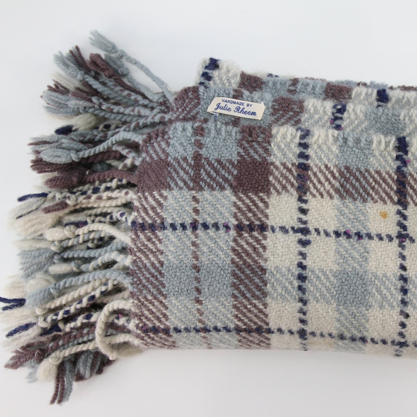Vintage Artist Julie Rheem Handmade Wool Tartan Fringed Throw Wrap 29" X 50"