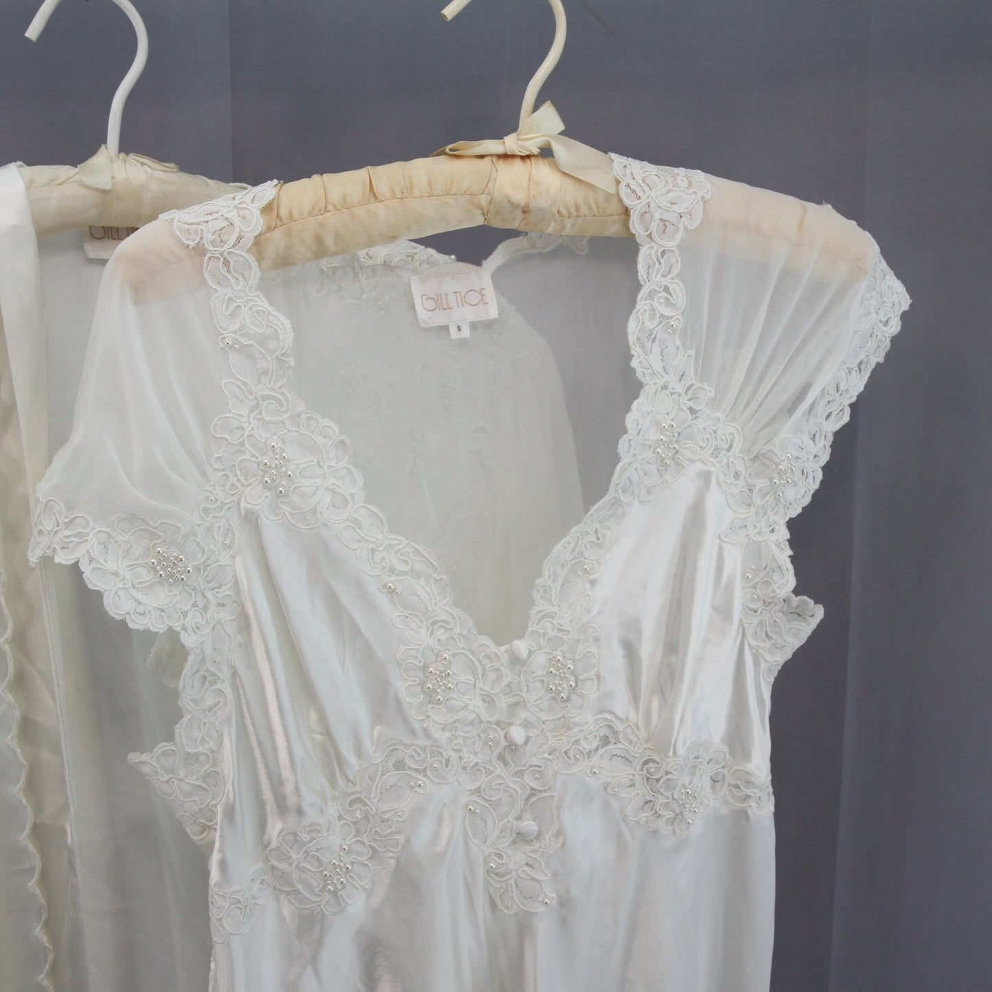 Vintage Bill Tice 1980s Gown & Negligee Peignoir White Ivory Lace Pearls S M