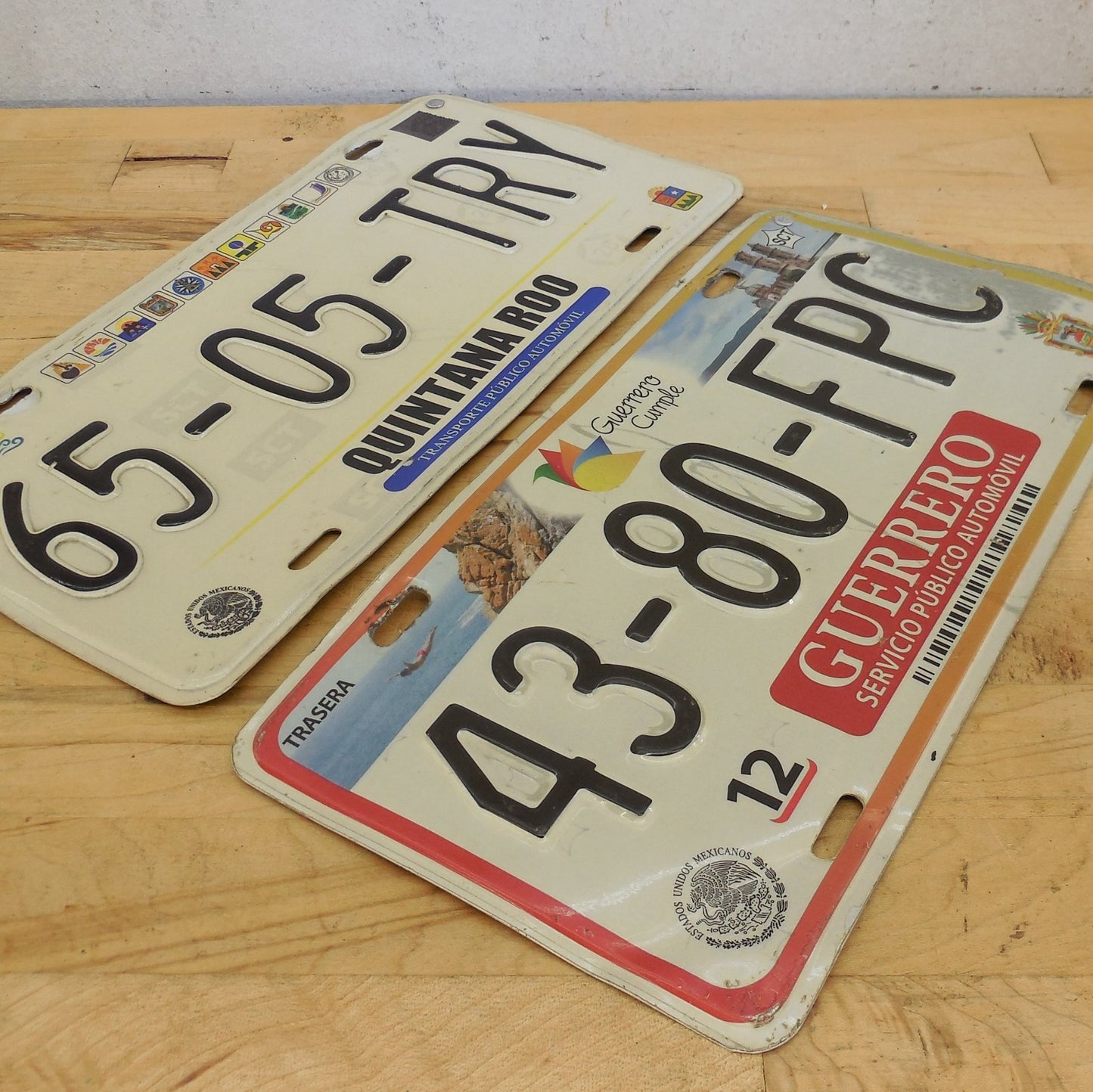 2 Lot Mexico License Plate Tags - Guerrero 43-80-FPC Quintana Roo 65-05-TRY