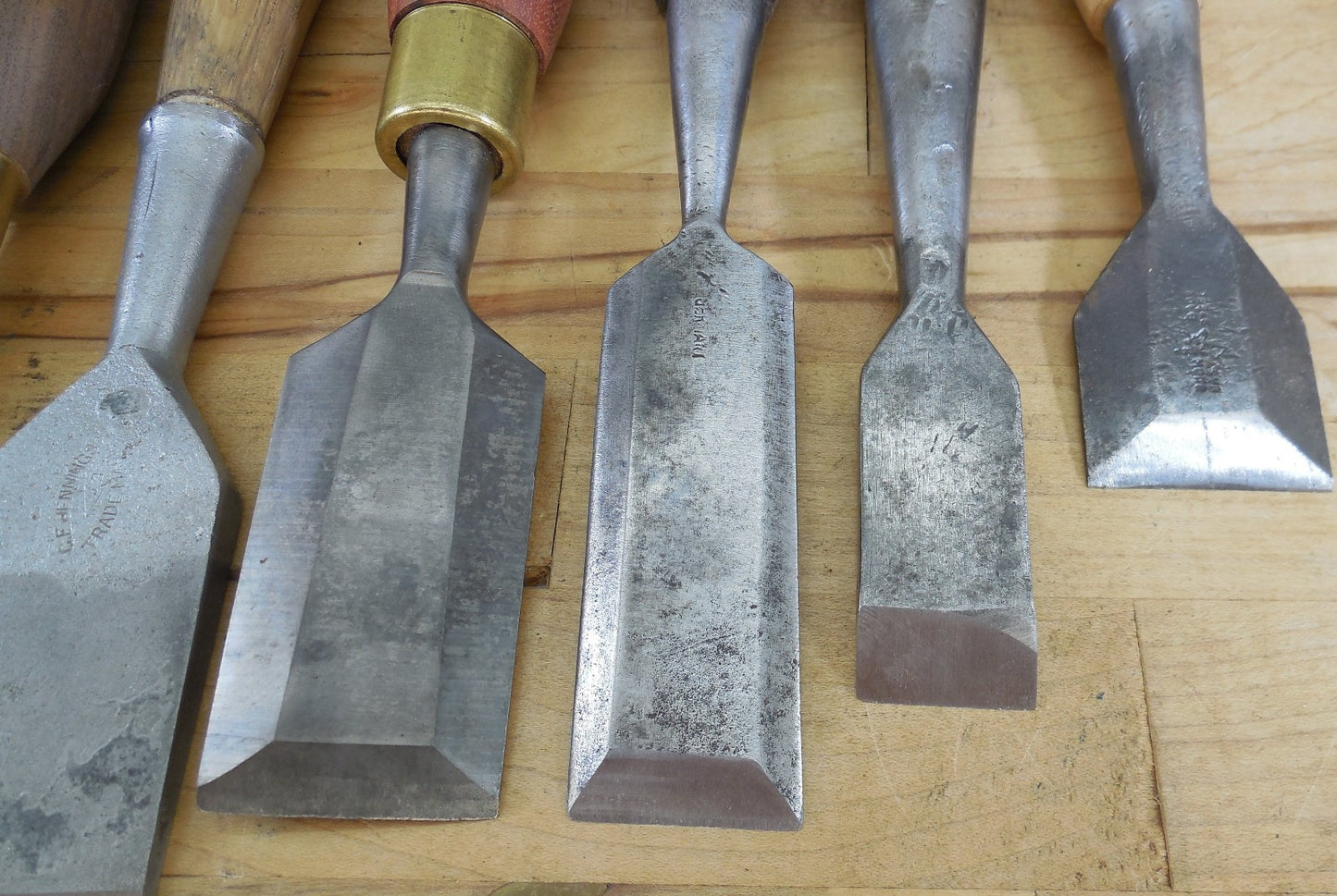 Estate Vtg. 7 Lot Wood Chisels 1"  1-1/4"  1-1/2"  Custom Steve Wus Wood Handles