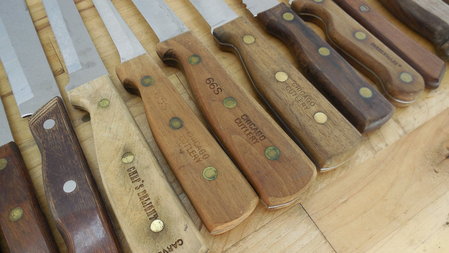 22 Lot Vtg. Wood Handle Kitchen Chef Knives Ekco Hanford Robeson Chicago Giesser