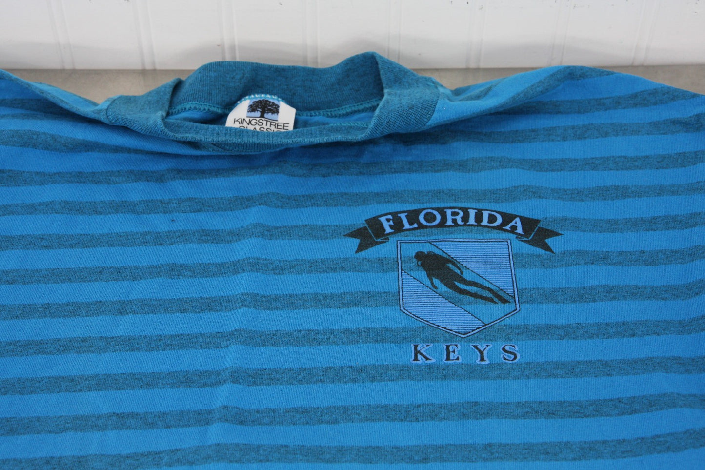 Vintage Florida Keys Tee Shirt Blue Stripes Scuba Diver XL
