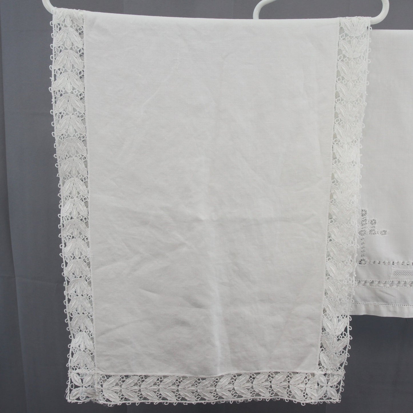Pair of Vintage White Linen Table Runners Cutwork Lace