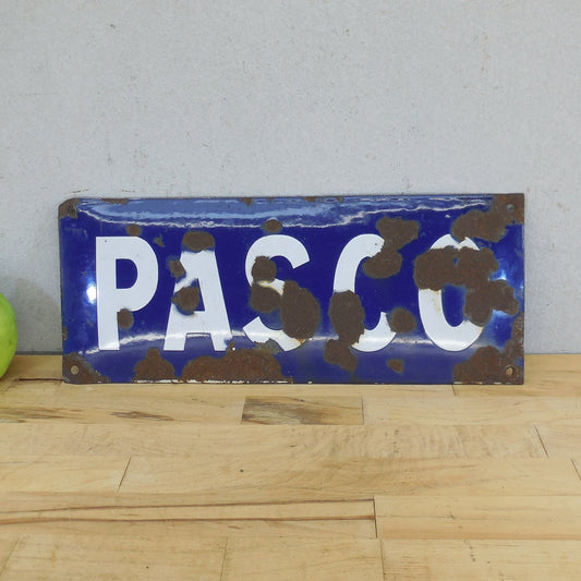 Antique PASCO Cobalt White Porcelain Sign Domed Convex Railroad? Florida County?