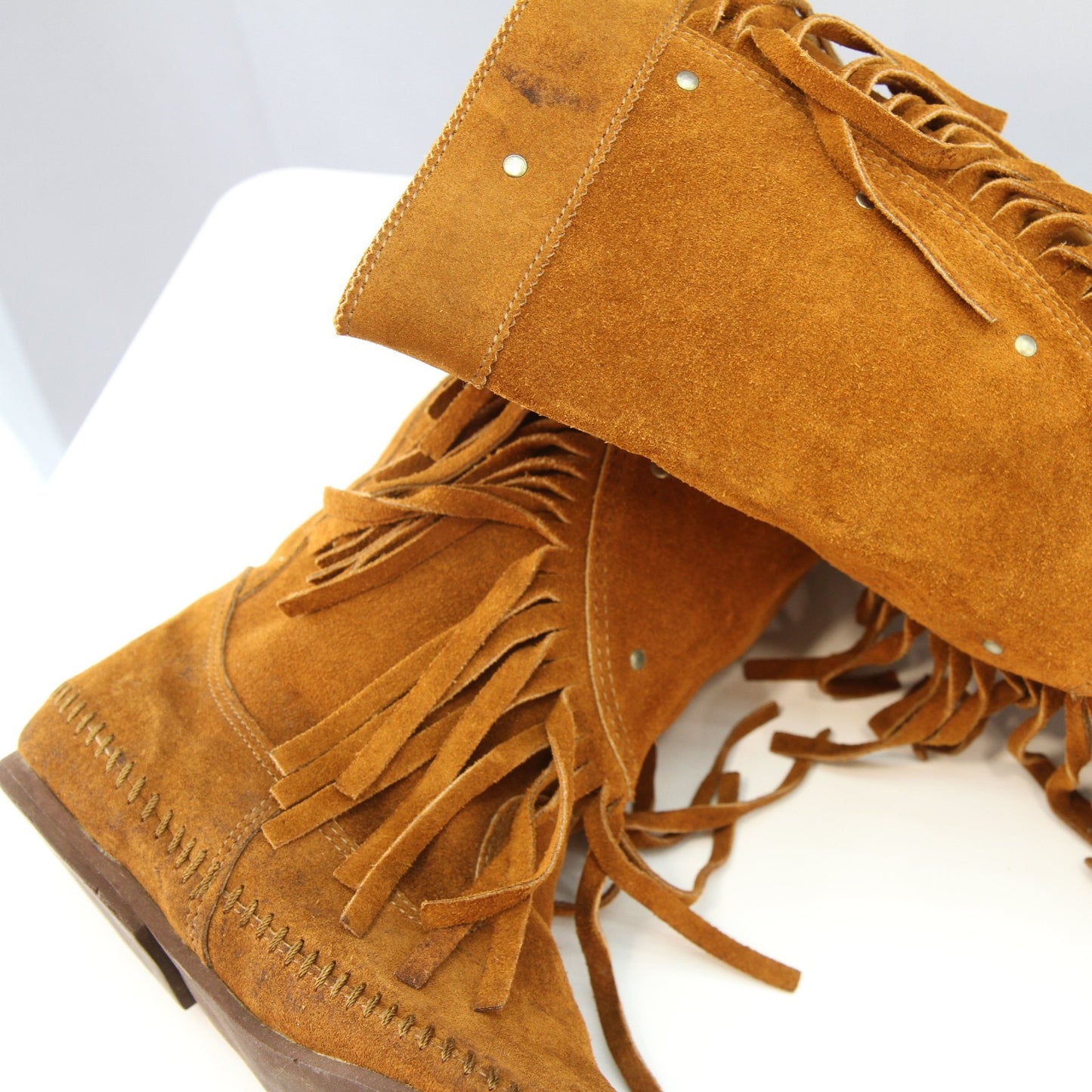 Vintage Minnetonka Womens Fringed Leather Mid Calf Moccasin  Boots Size 9