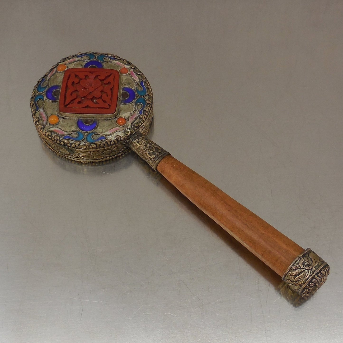 Vintage Chinese Cloisonne Hand Vanity Mirror Carnelian Cinnabar Silver Metal 6"