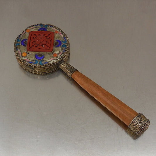 Vintage Chinese Cloisonne Hand Vanity Mirror Carnelian Cinnabar Silver Metal 6"
