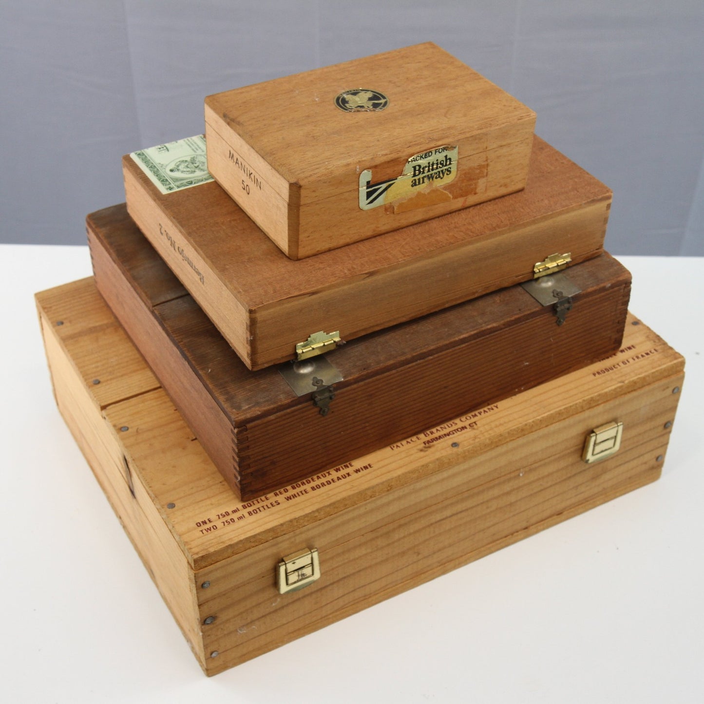 Lot of Four Wood Wine Cigar Boxes for Crafts and Decor