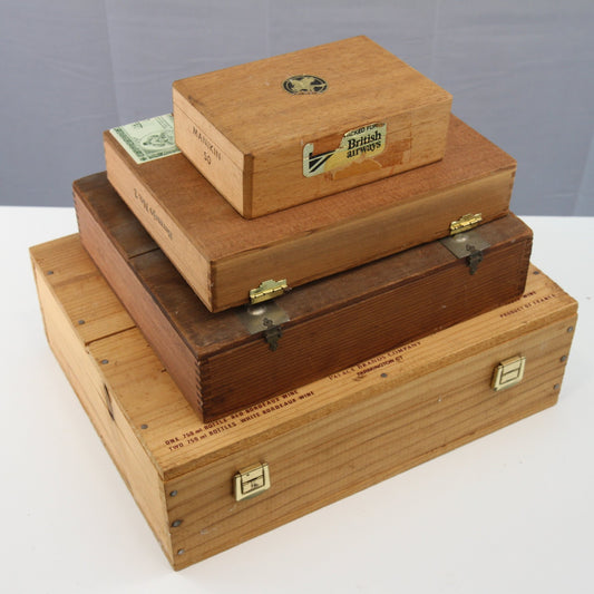 Lot of Four Wood Wine Cigar Boxes for Crafts and Decor