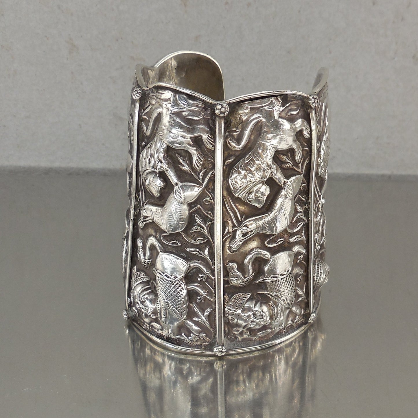 Indo Persian Antique 925 Sterling Silver Cuff Bracelet Repousse Deer Lion Deity