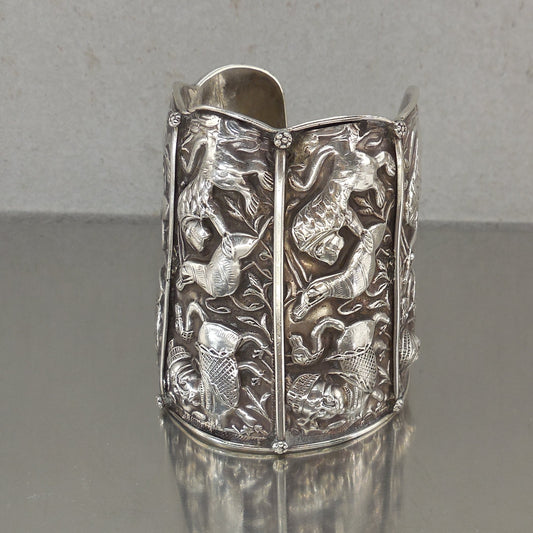 Indo Persian Antique 925 Sterling Silver Cuff Bracelet Repousse Deer Lion Deity