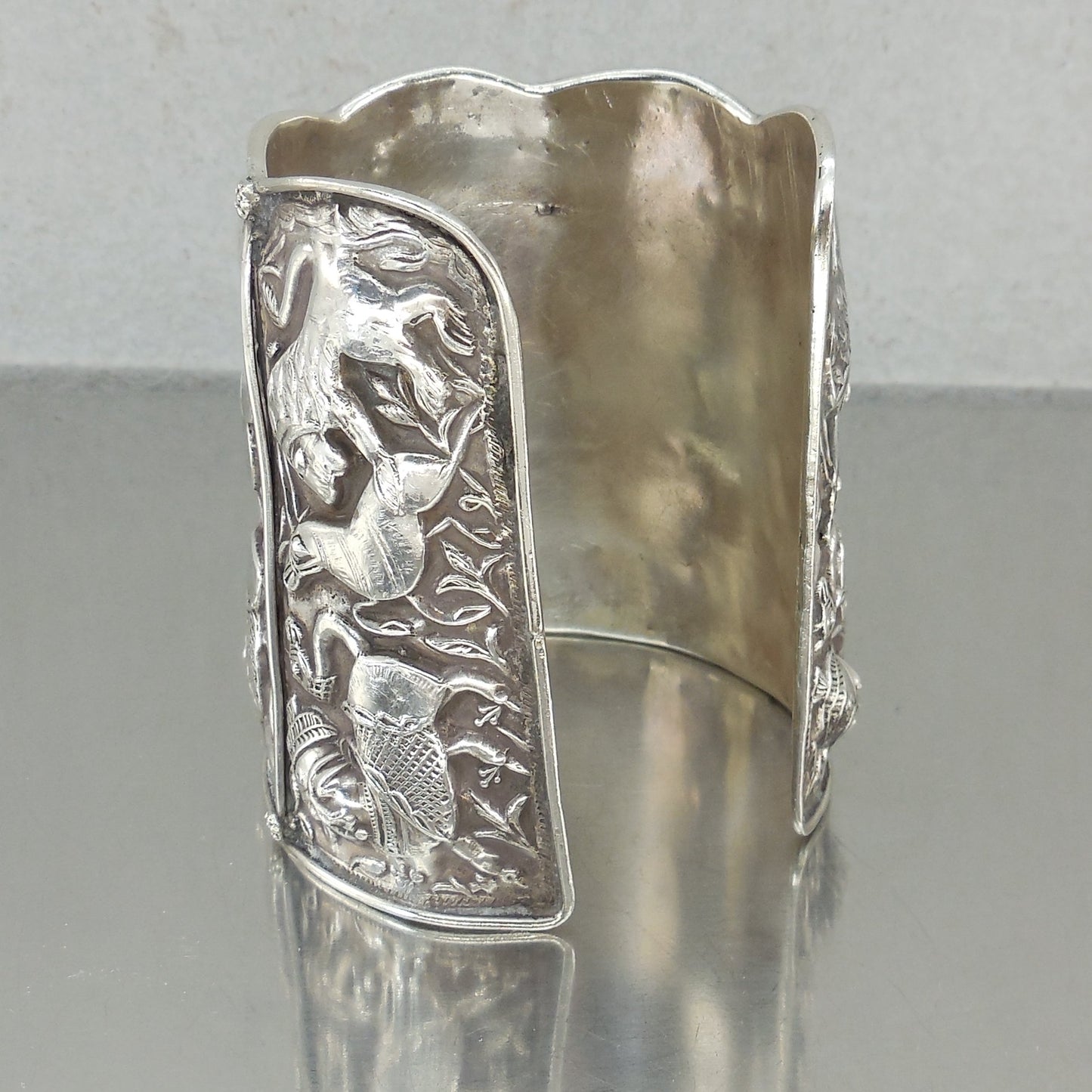 Indo Persian Antique 925 Sterling Silver Cuff Bracelet Repousse Deer Lion Deity Hindu