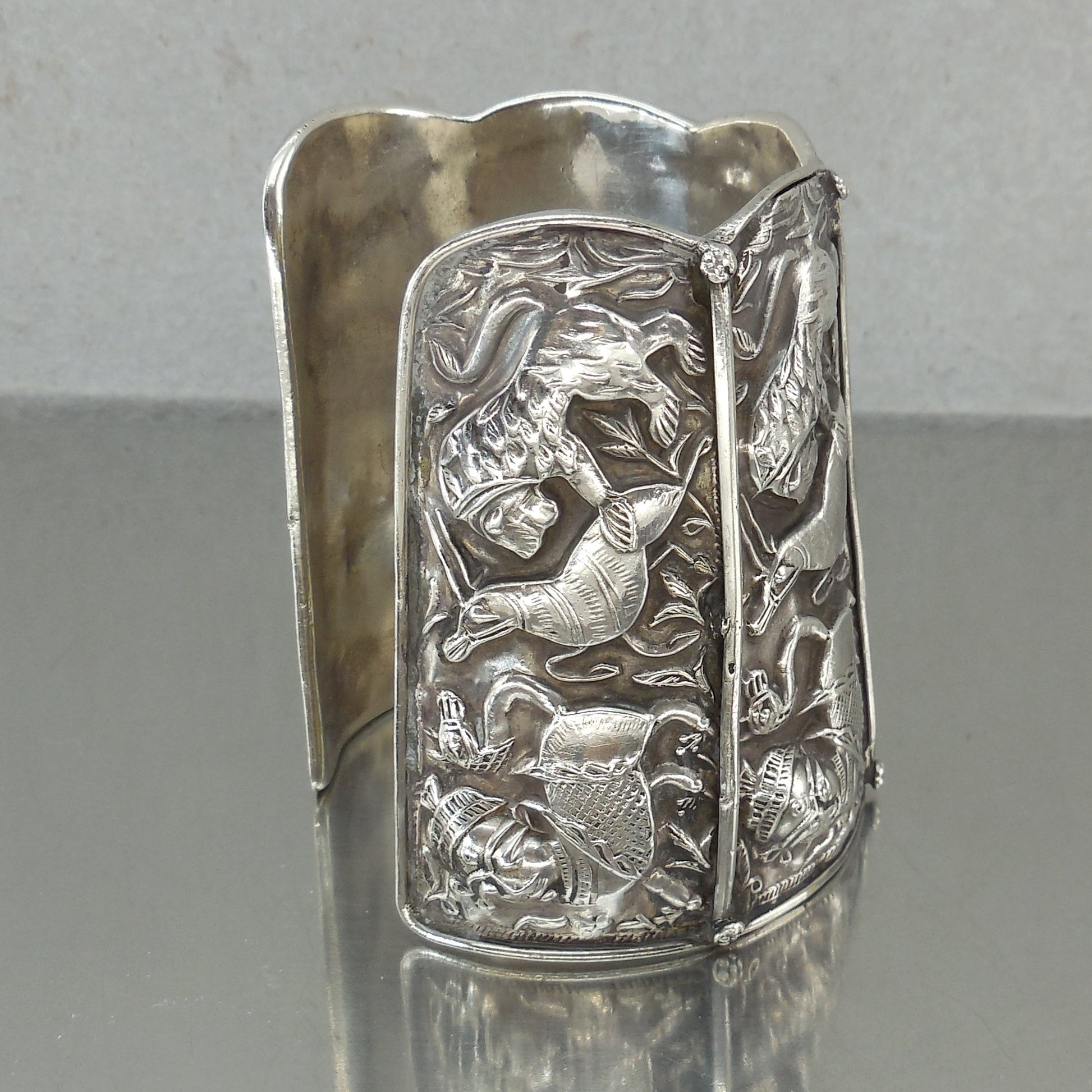 Indo Persian Antique 925 Sterling Silver Cuff Bracelet Repousse Deer Lion Deity 3"