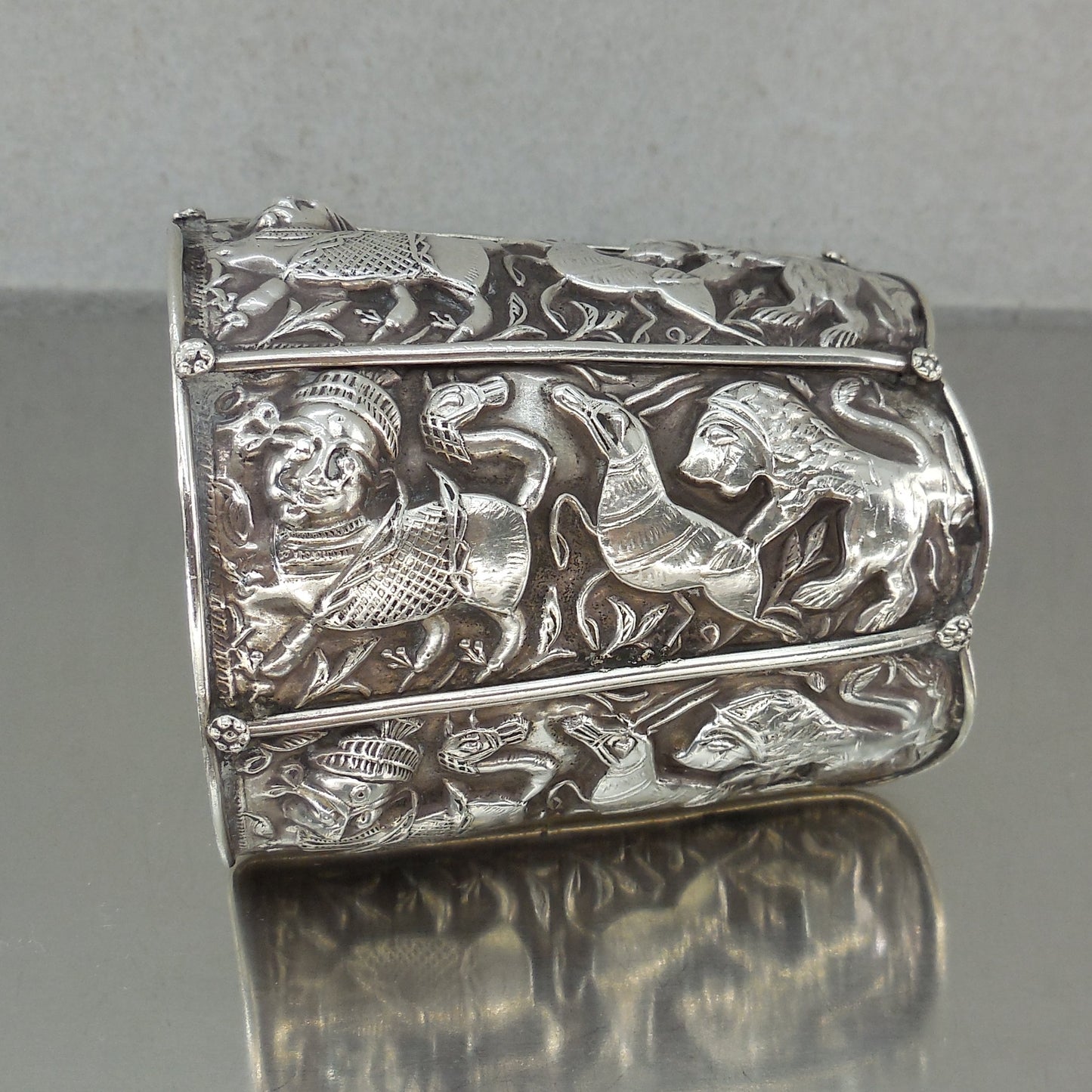 Indo Persian Antique 925 Sterling Silver Cuff Bracelet Repousse Deer Lion Deity Heavy Large
