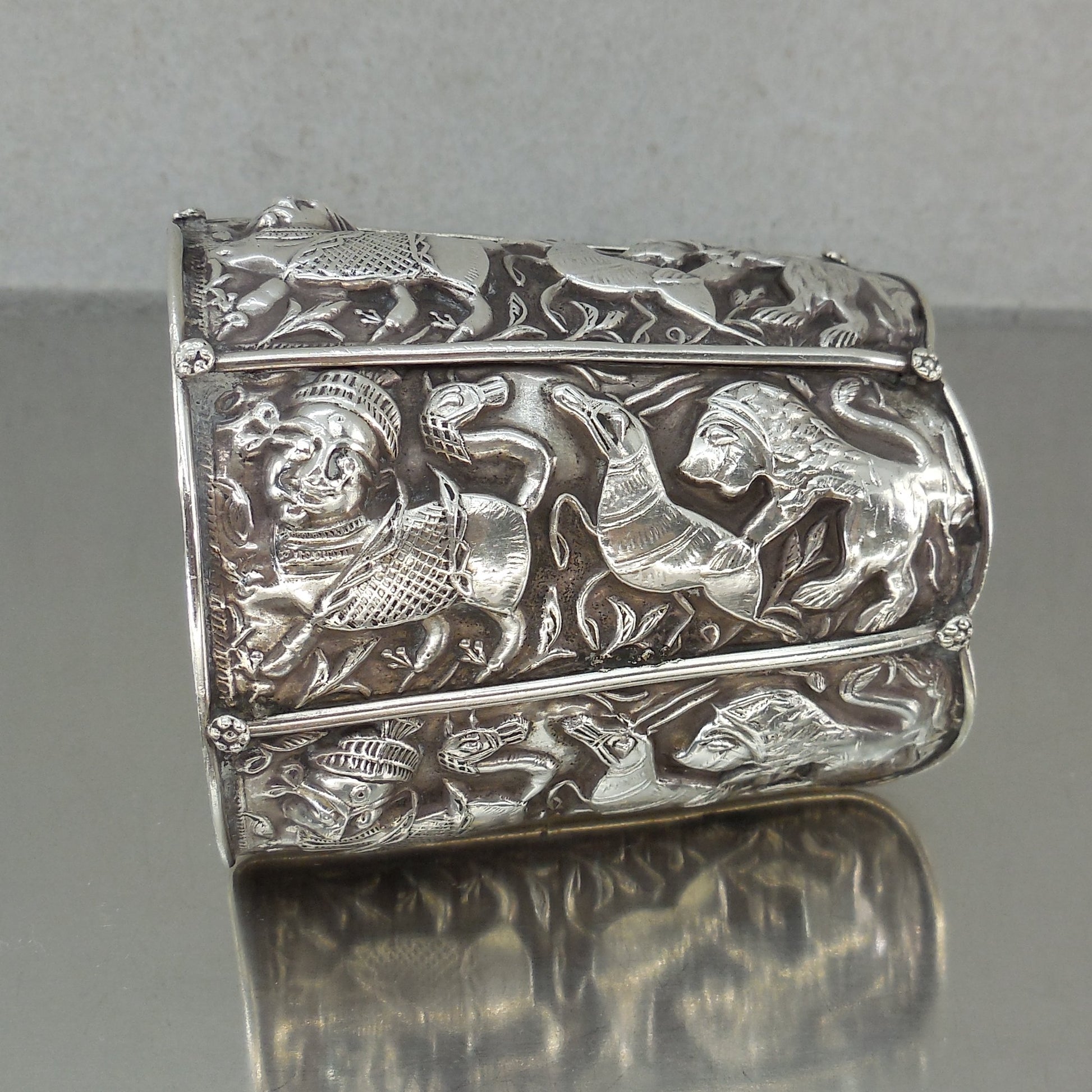 Indo Persian Antique 925 Sterling Silver Cuff Bracelet Repousse Deer Lion Deity Heavy Large