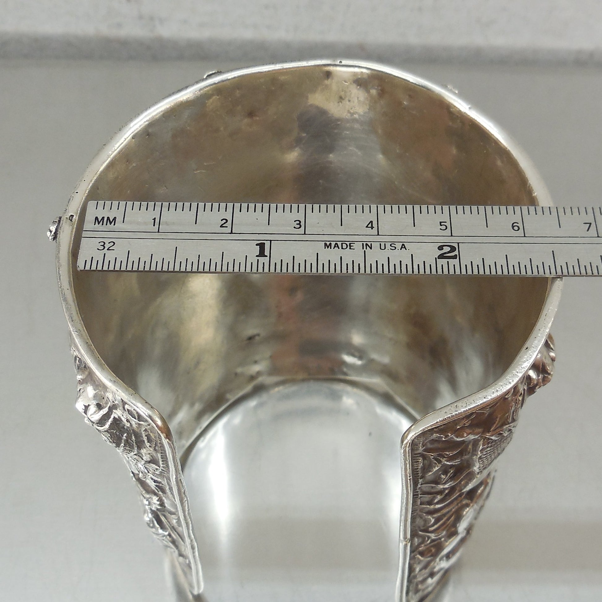 Indo Persian Antique 925 Sterling Silver Cuff Bracelet Repousse Deer Lion Deity Used